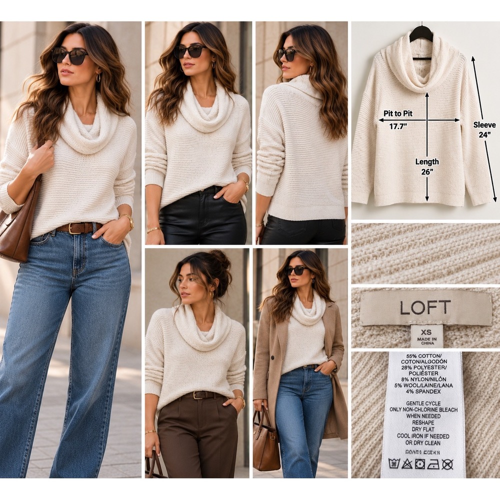 LOFT Cream Cowl Neck Sweater XS Oversized Ribbed Wool Blend Quiet Luxury